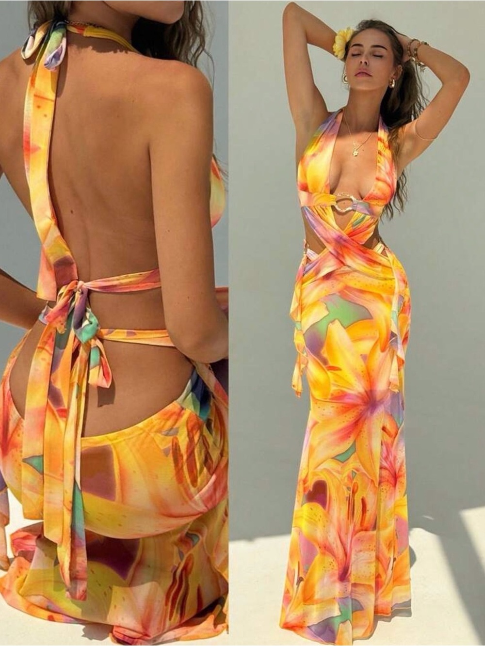 Yellow Floral Halter Maxi Dress - Elegant Summer Style